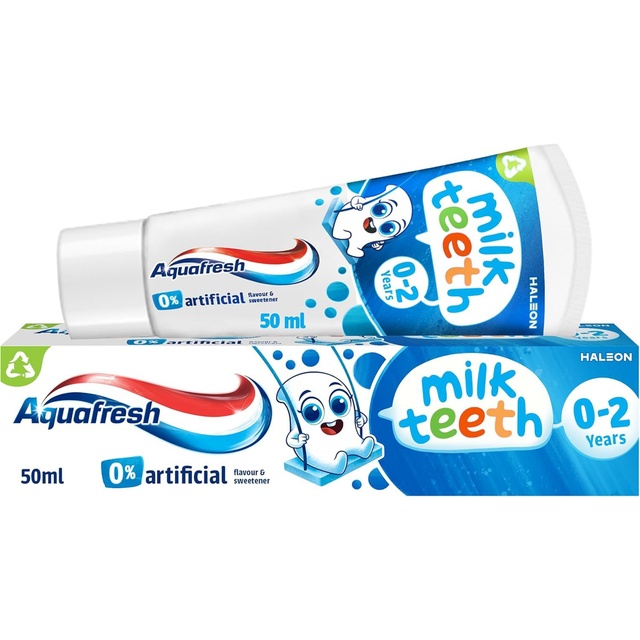 582 (1) Aquafresh Kids Milk Teeth toothpaste tube, 50ml, designed for children aged 0-2 years, with a colorful packaging.