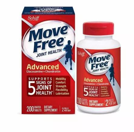 Move Free Advanced Joint Health supplement bottle with 200 tablets, featuring glucosamine and chondroitin for joint support.