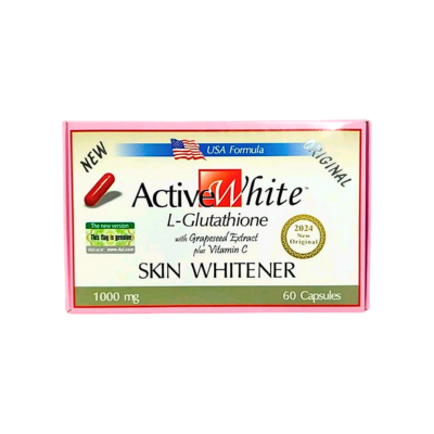 Active White L-Glutathione skin whitener capsules, 1,000mg, in a bottle containing 60 capsules for skin brightening.