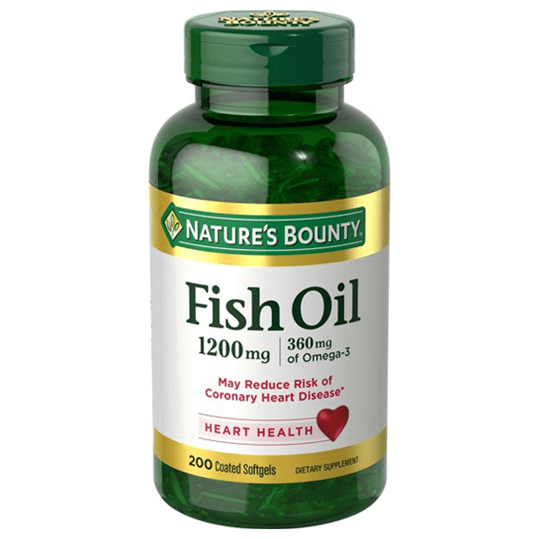 Nature's Bounty Fish Oil, 1200mg, odorless, in a bottle containing 200 softgels for dietary supplementation.