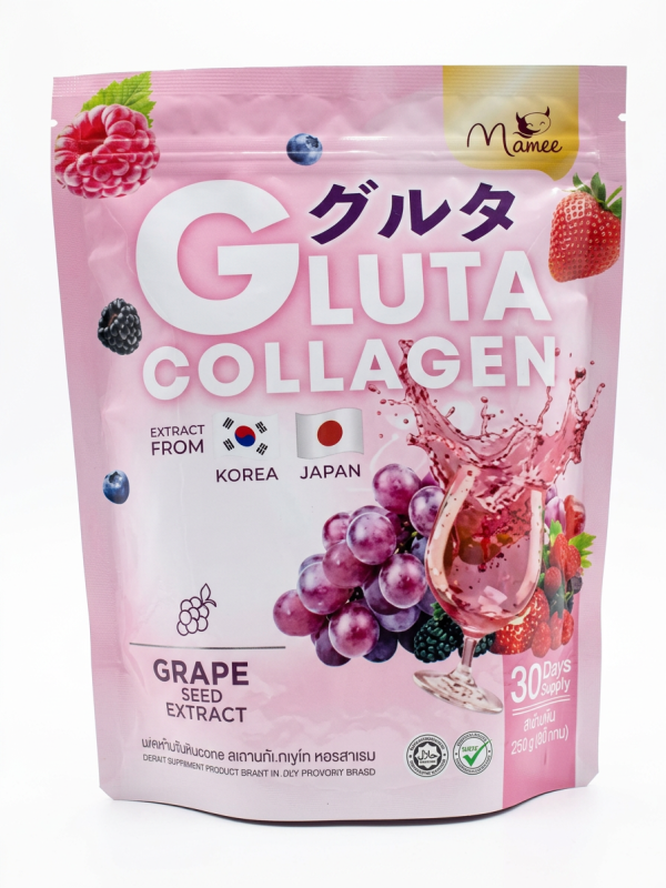 Manee Gluta Collagen powder packet containing 30 pieces, featuring grapefruit flavor and nutritional information.