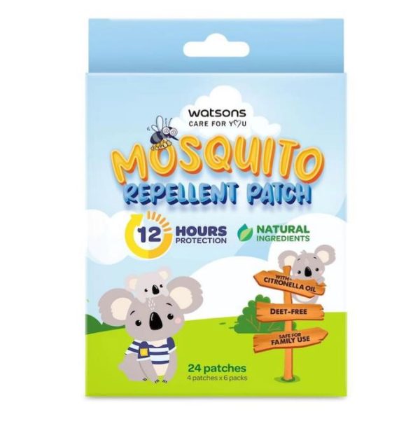 Watsons mosquito repellent patch for kids, offering 12 hours of protection; pack contains 24 pieces.