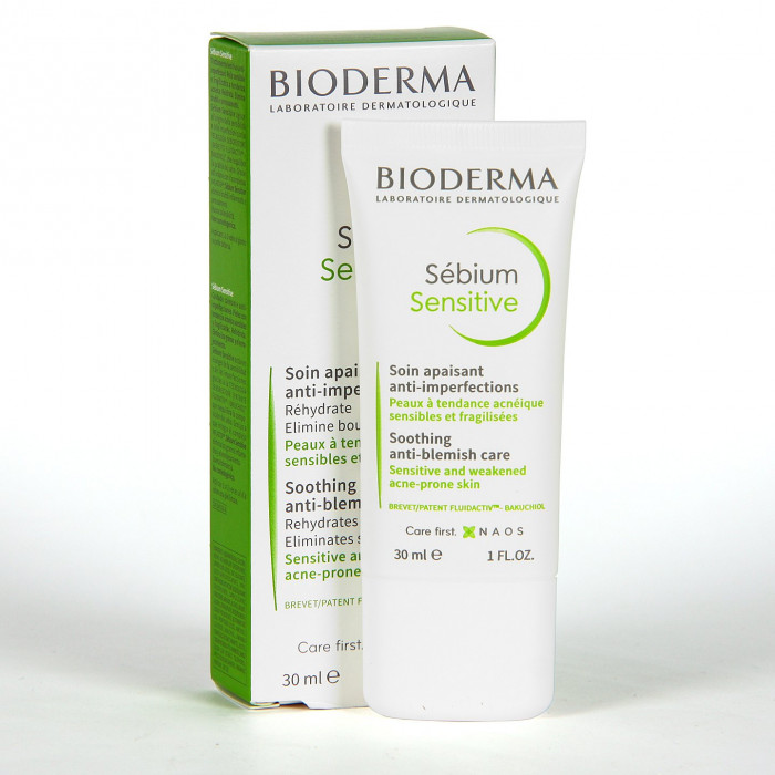 Bioderma Sebium Sensitive cream tube, 30ml, designed for soothing and anti-blemish care with a modern, minimalist appearance.
