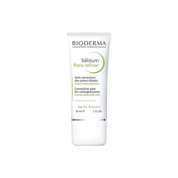 Bioderma Sebium Pore Refiner 30ml bottle, designed to minimize pores and refine skin texture for oily skin types.