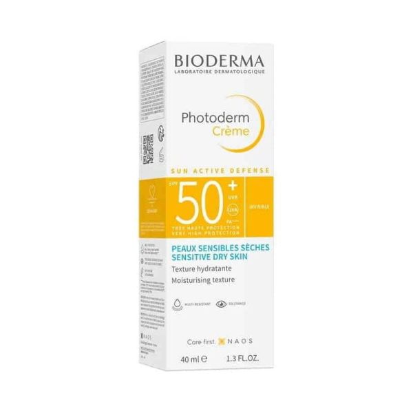 Bioderma Photoderm SPF 50+ sunscreen cream in a 40ml tube, designed for high sun protection.