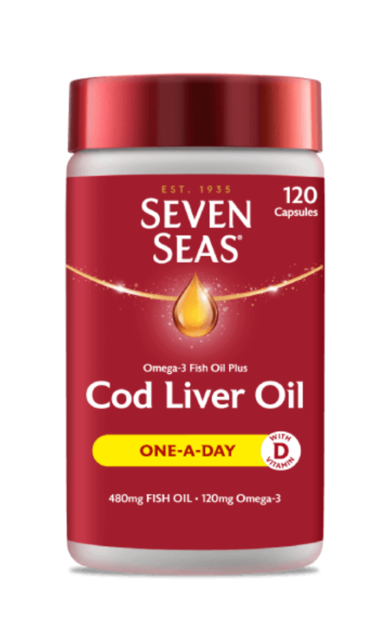 Seven Seas Cod Liver Oil One-A-Day, 120 capsules, displayed in a clear bottle with a blue label.