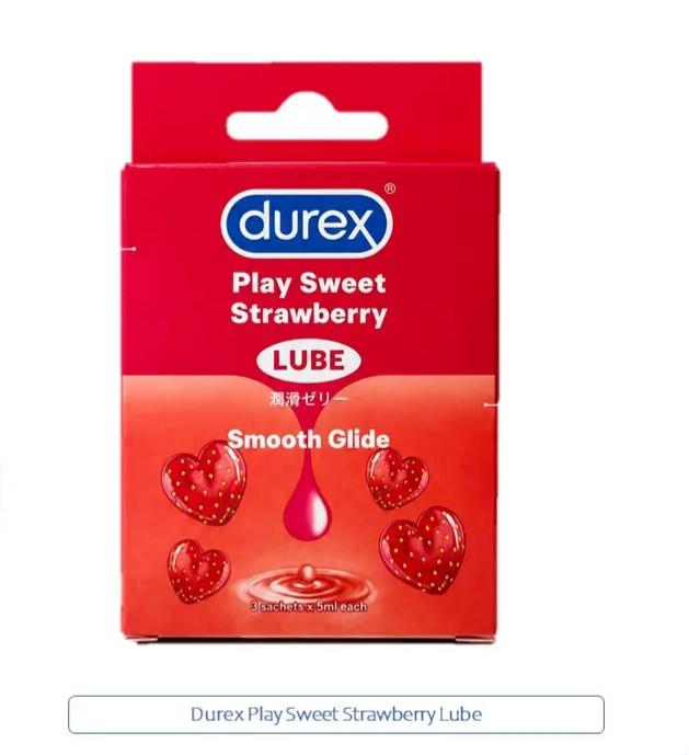 Durex Play Sweet Strawberry Smooth Glide Lube sachets, three 5ml packets, featuring a vibrant strawberry design.