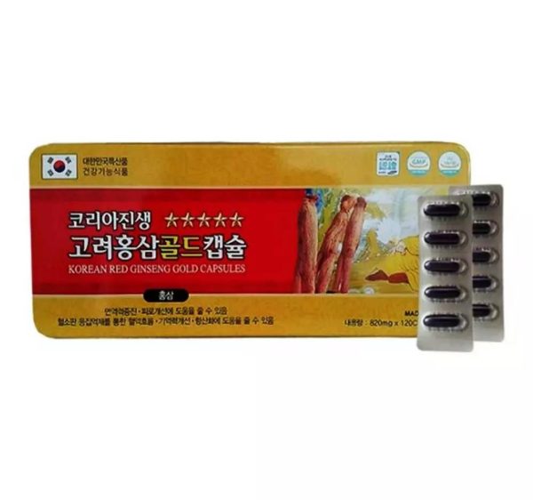 Package of Korean Red Ginseng Gold Capsules, 830mg, containing 120 capsules on a white background.