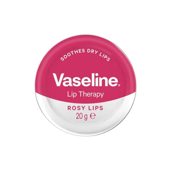 Vaseline Lip Therapy in Rosy Lips packaging, featuring a pink label and a small container design.