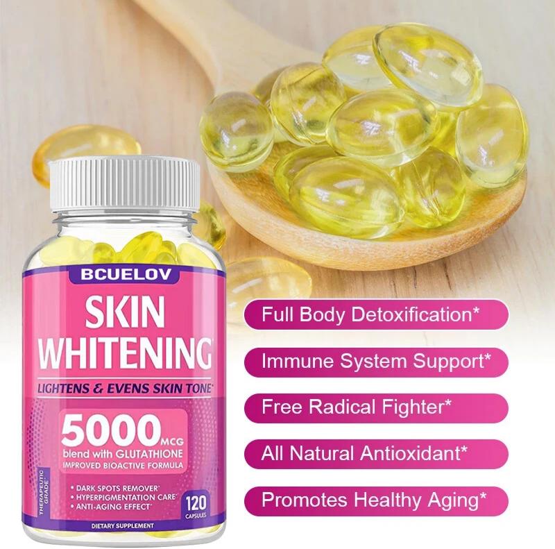 bcuelov skin whitening glutathione 5000mcg 120 Capsules Quantity:2 Cases ( 80 Bottles) Nature Glow Glutathione Collagen dark spot body lotion