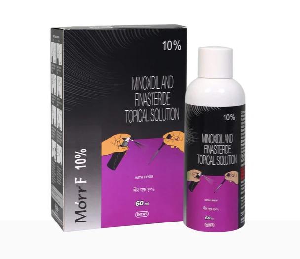 Morr F 10% Minoxidil and Finasteride topical solution for hair loss, 60ml bottle displayed against a neutral background.