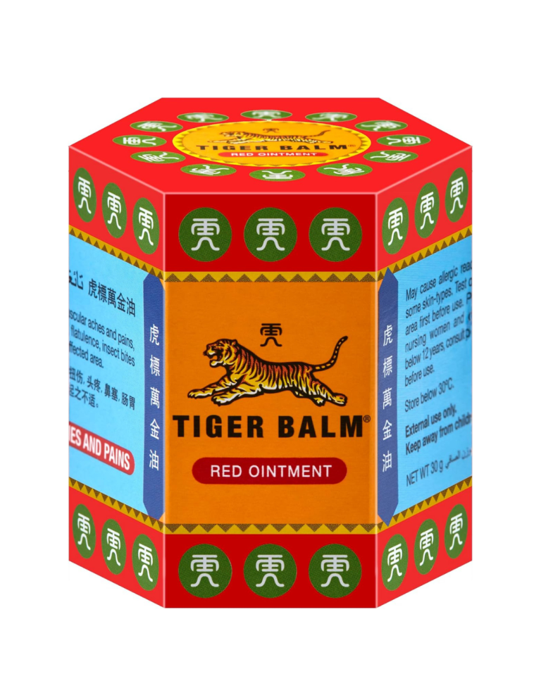 Red Tiger Balm Ointment 30g container, featuring a traditional design and branding, used for pain relief.