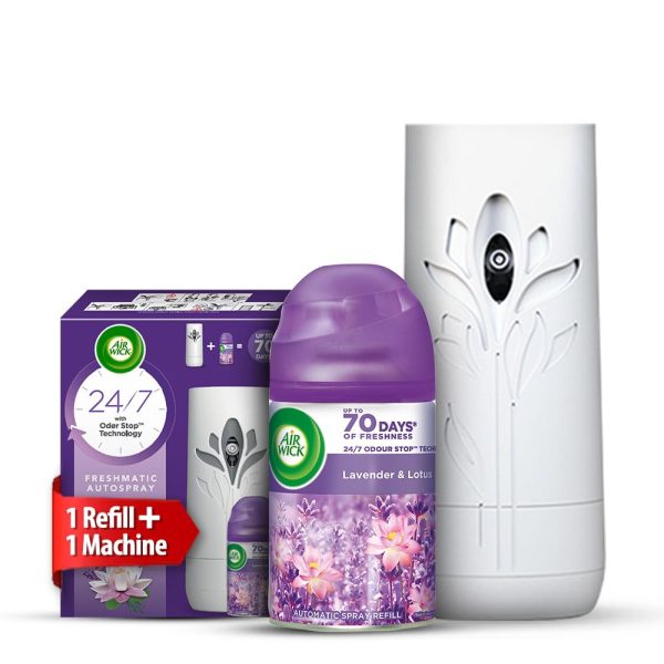 Air Wick Freshmatic Essential Oil Automatic Spray in Lavender, 250ml, includes free refill and battery for automatic diffusion.