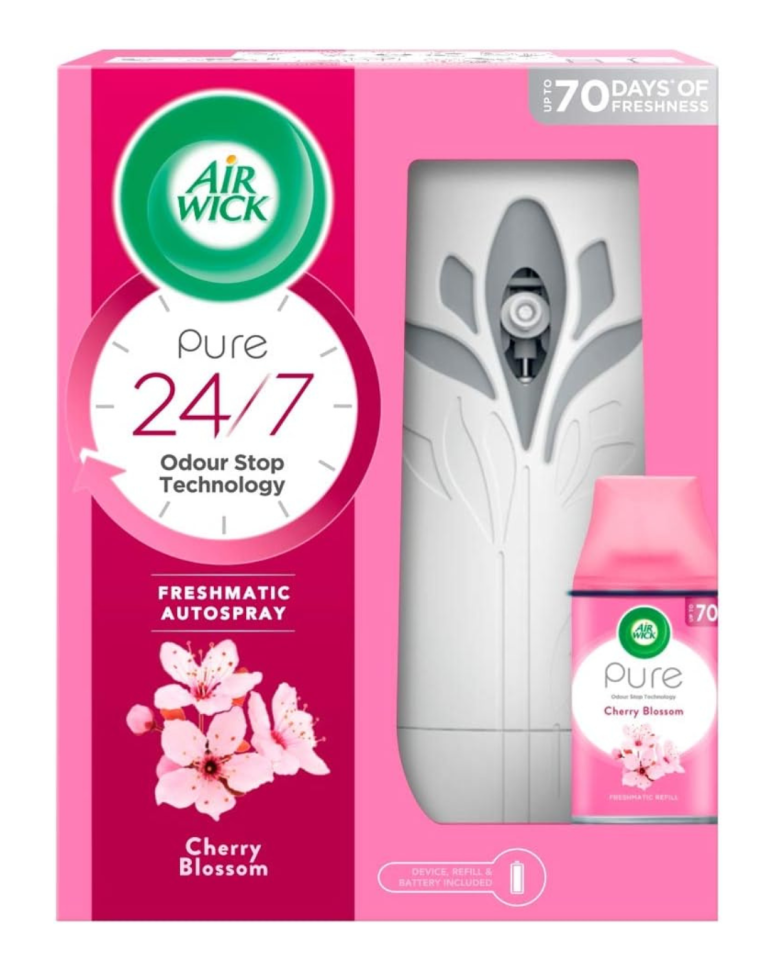 Air Wick Freshmatic Essential Oil Automatic Spray in Cherry Blossom scent, 250ml, includes free refill and battery.