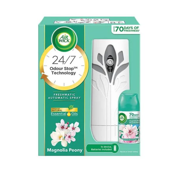 Air Wick Freshmatic Essential Oil Automatic Spray in Magnolia Peony scent, includes a refill and battery, 250ml size.
