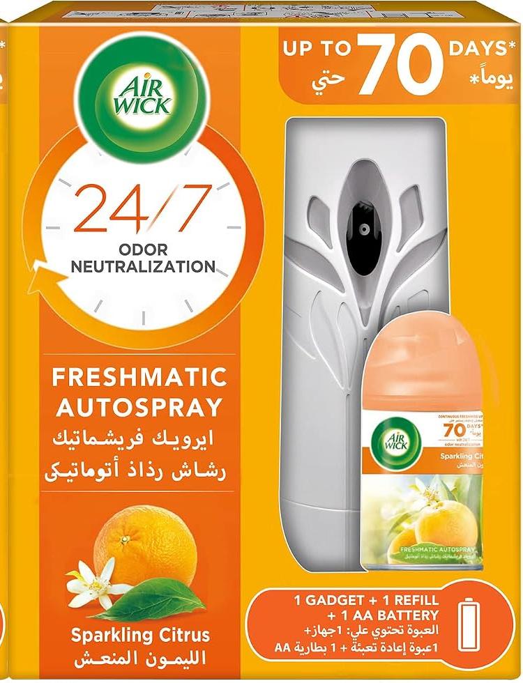 Air Wick Freshmatic Essential Oil Automatic Spray in Citrus Zest, 250ml, with free refill and battery included.