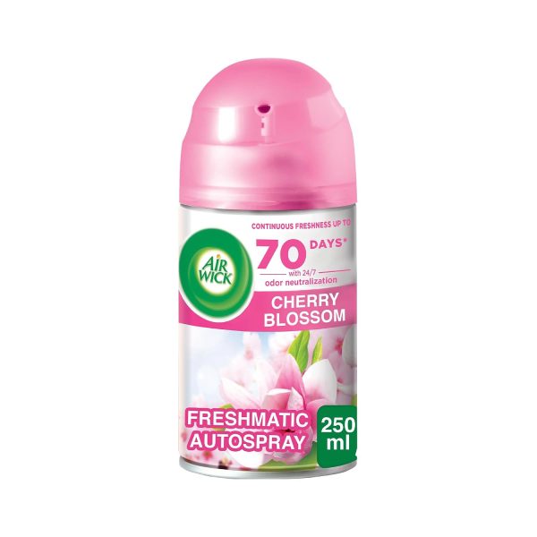 Air Wick Cherry Blossom automatic air freshener refill bottle, 250ml, featuring a floral design and vibrant colors.