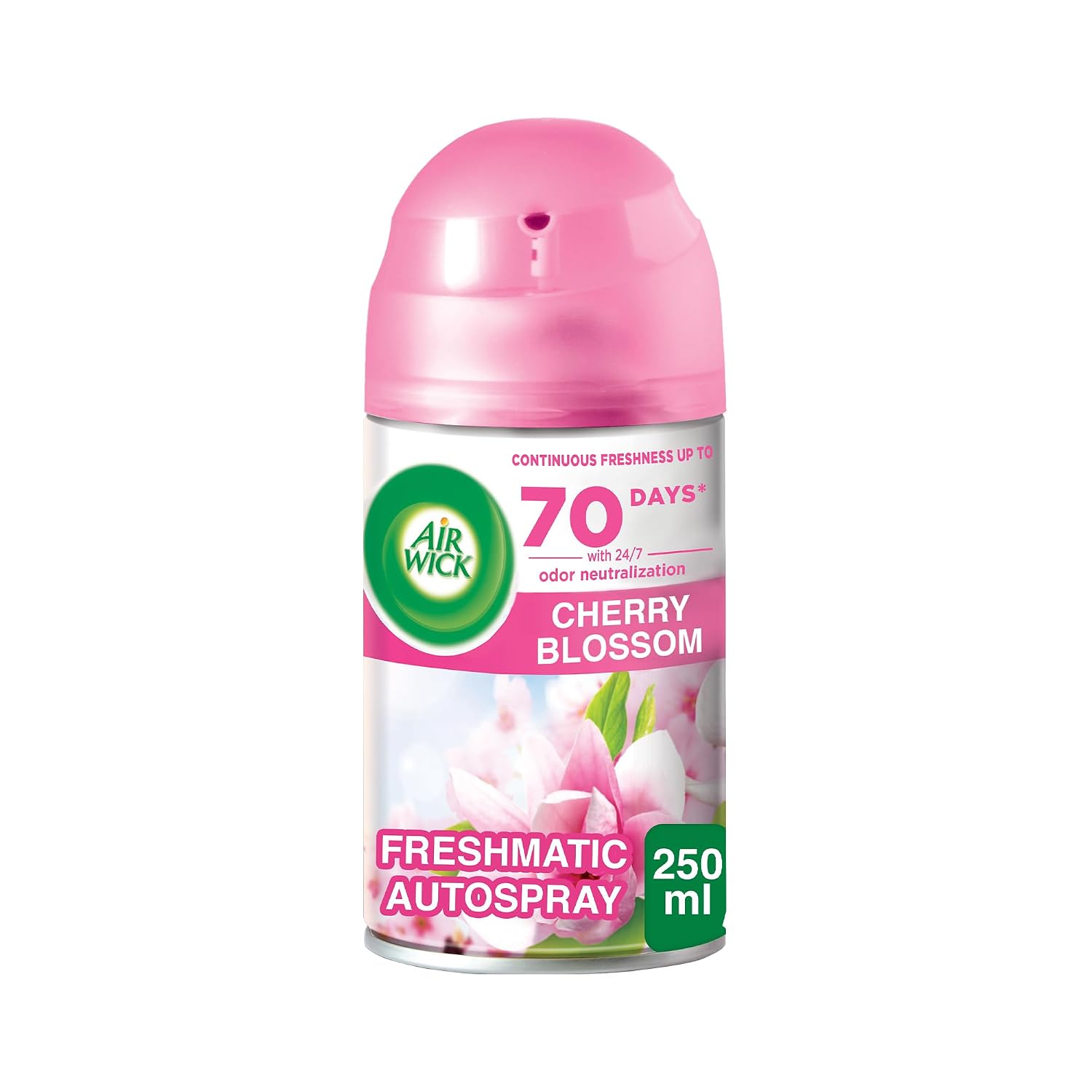 631 (1) Air Wick Cherry Blossom automatic air freshener refill bottle, 250ml, featuring a floral design and vibrant colors.
