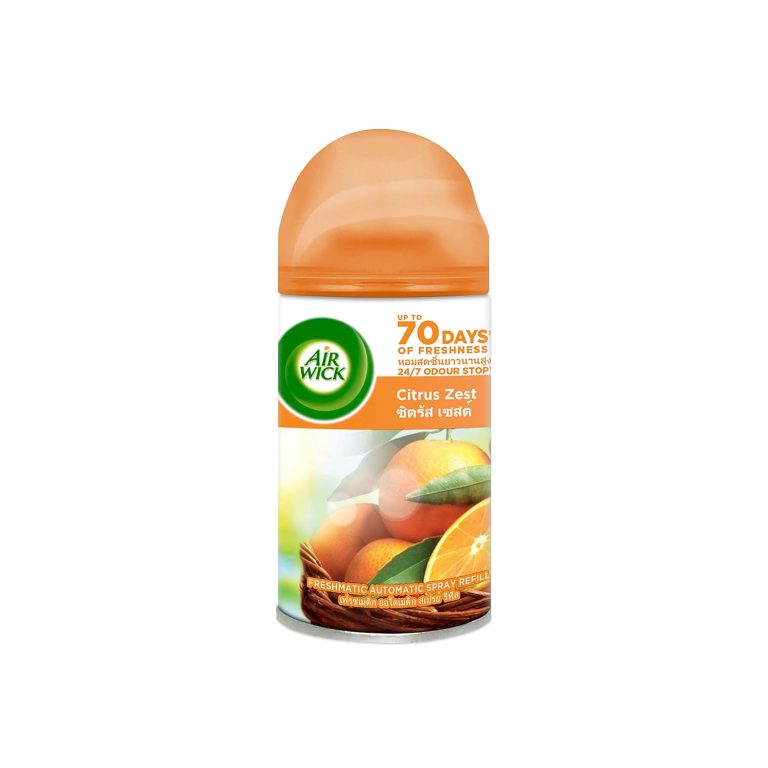 Air Wick Citrus Zest automatic air freshener refill bottle, 250ml, featuring an orange peel design.