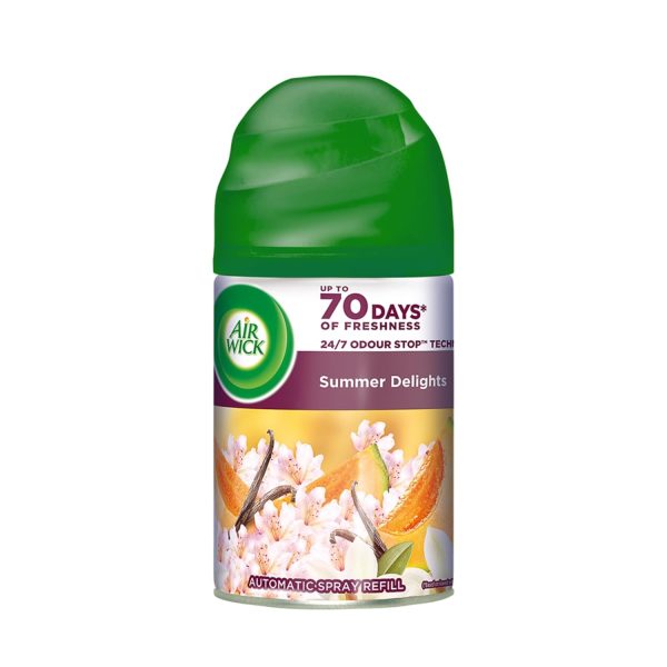 Air Wick Summer Delight automatic air freshener refill, 250ml, featuring a vibrant design and floral scent.