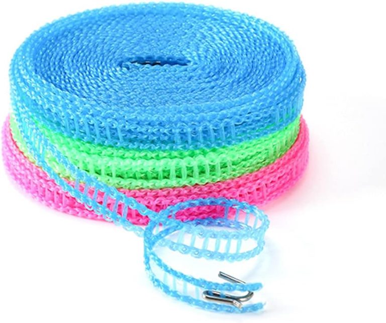 A roll of multicolored plastic rope with a hook, designed for use as a portable windproof clothesline.