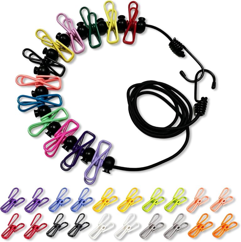 A portable clothesline featuring a cord with 12 colorful clips for hanging garments.