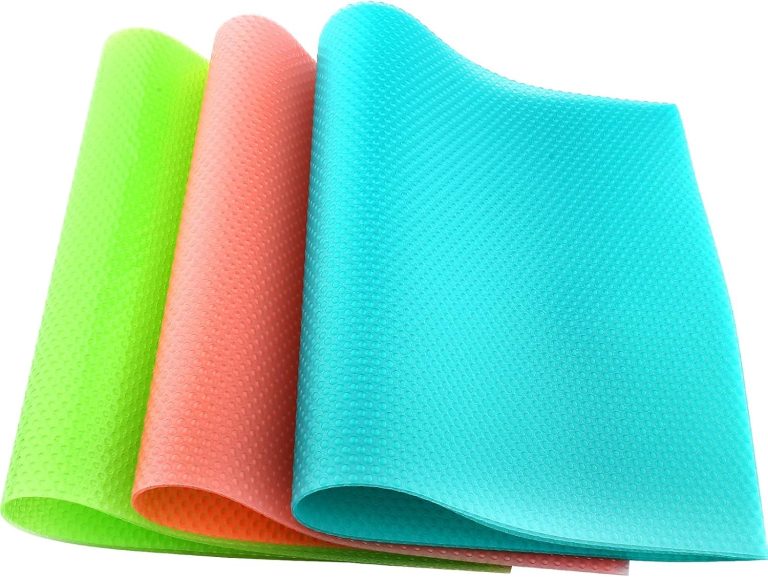 Two washable, waterproof refrigerator and drawer mats in multicolors, displayed side by side on a white background.
