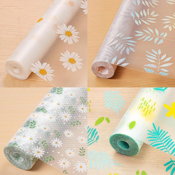 Four rolls of clear plastic mats featuring a floral design with daisies, suitable for refrigerator and drawer use.