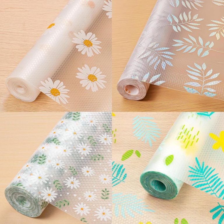 Four rolls of clear plastic mats featuring a floral design with daisies, suitable for refrigerator and drawer use.