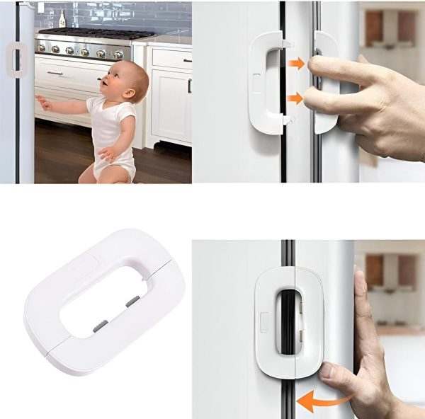 Close-up of a white plastic door handle designed for a multi-functional refrigerator safety lock for child security.