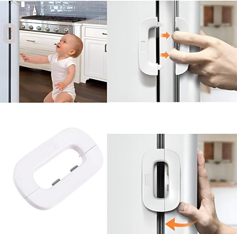 Close-up of a white plastic door handle designed for a multi-functional refrigerator safety lock for child security.