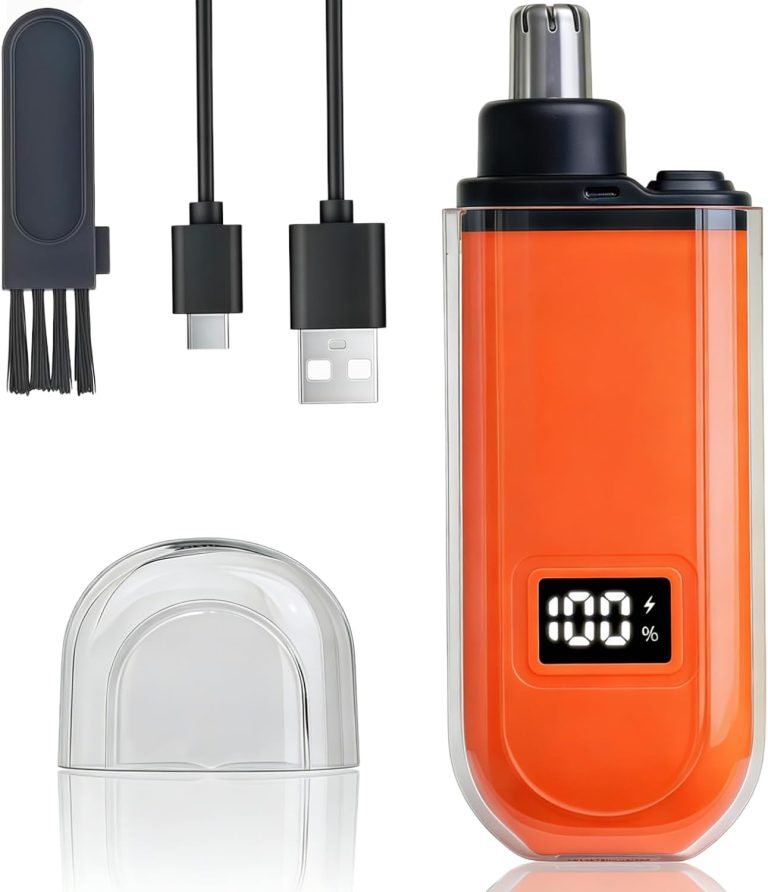 Portable orange nose and ear hair trimmer with charger and accessories, featuring a digital display for easy use.