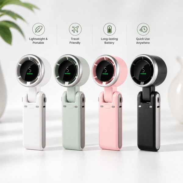 Four handheld fans in different colors, featuring a smart digital display and five wind speeds, displayed together.