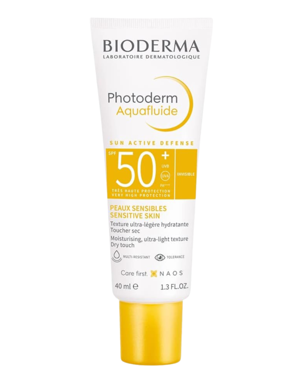 Bioderma Photoderm Aquafluide Sun Active Defense SPF 50+ bottle, 40ml, showcasing sun protection features and branding.