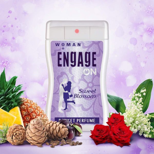 Engage Pocket Perfume for Women, 17ml, featuring Sweet Blossom scent in a compact spray bottle.