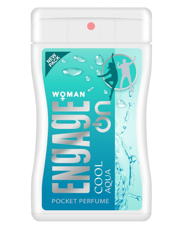 Engage Cool Aqua perfume bottle for women, 17ml, featuring a sleek design with a refreshing blue color.