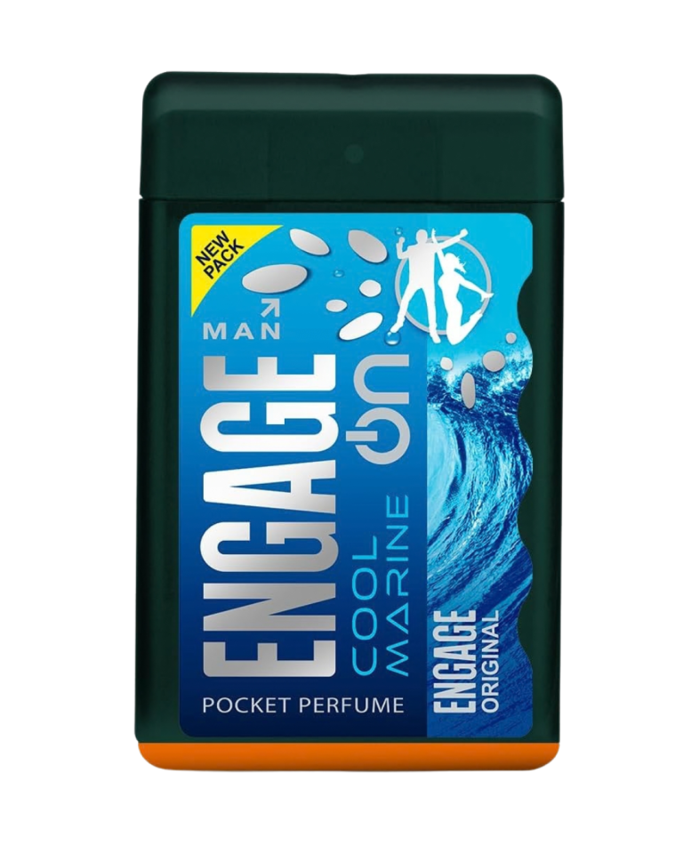Engage Cool Marine Pocket Perfume for Men, 17ml bottle with a sleek design, featuring ocean-themed graphics.