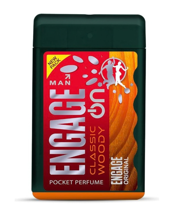 Engage Pocket Perfume for Men, 17ml, featuring a classic woody scent in a compact and portable design.