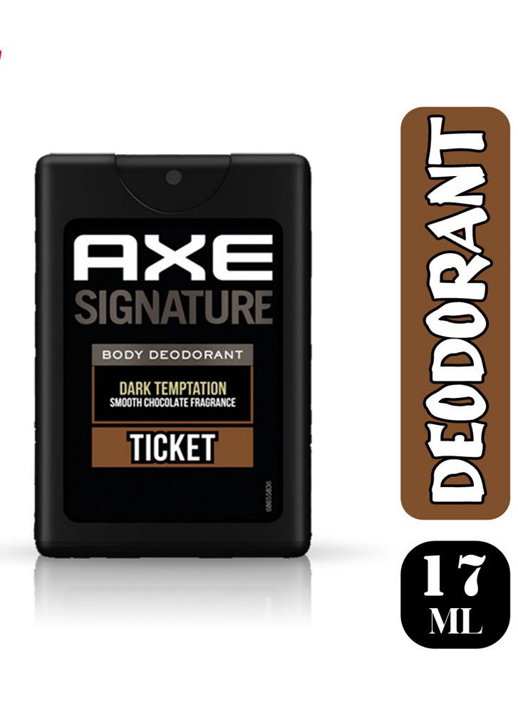651 (1) Axe Signature Dark Temptation deodorant ticket, 17ml, featuring a sleek design and enticing fragrance description.