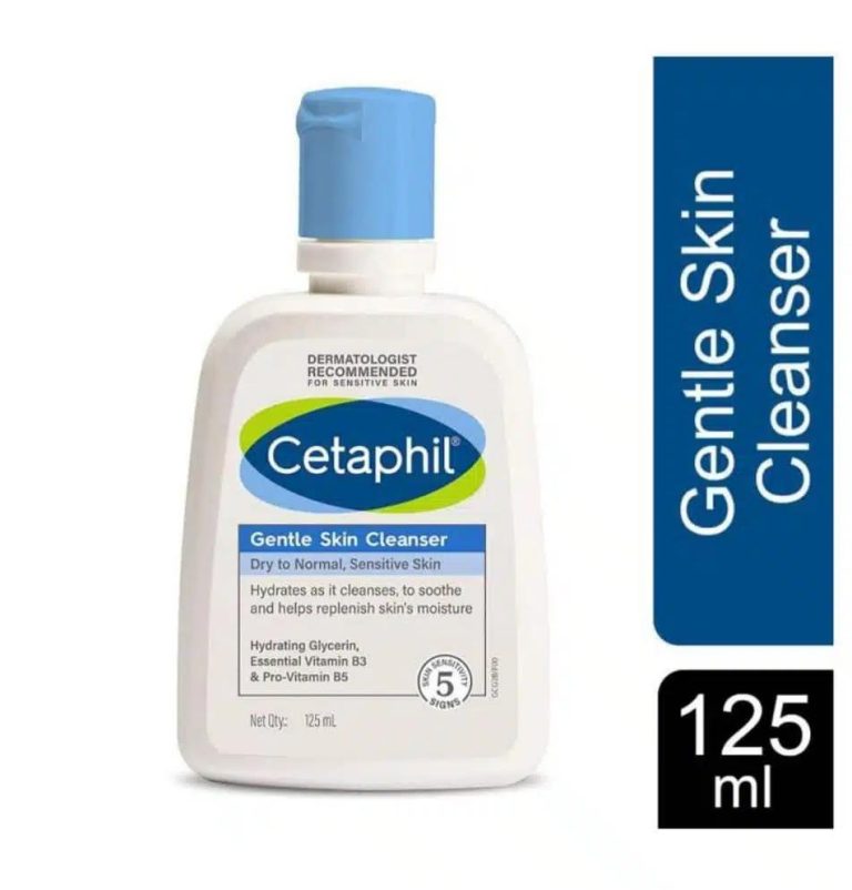Cetaphil Gentle Skin Cleanser bottle, 125ml, designed for dry to normal sensitive skin, featuring a simple, clean label.