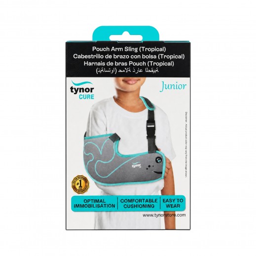 Tynor Cure Pouch Arm Sling for children, designed for support and comfort for a broken arm, featuring a multicolour design.