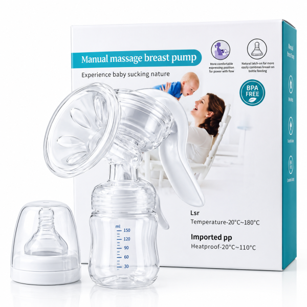 A manual breast feeding pump displayed in front of its packaging, showcasing its design and features.