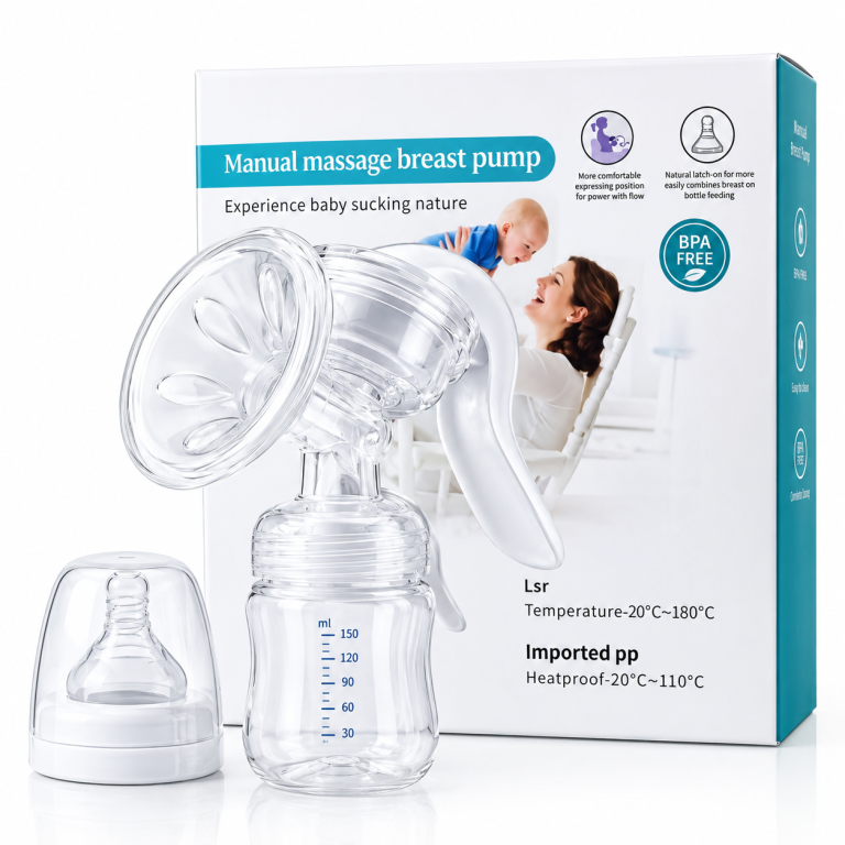 A manual breast feeding pump displayed in front of its packaging, showcasing its design and features.