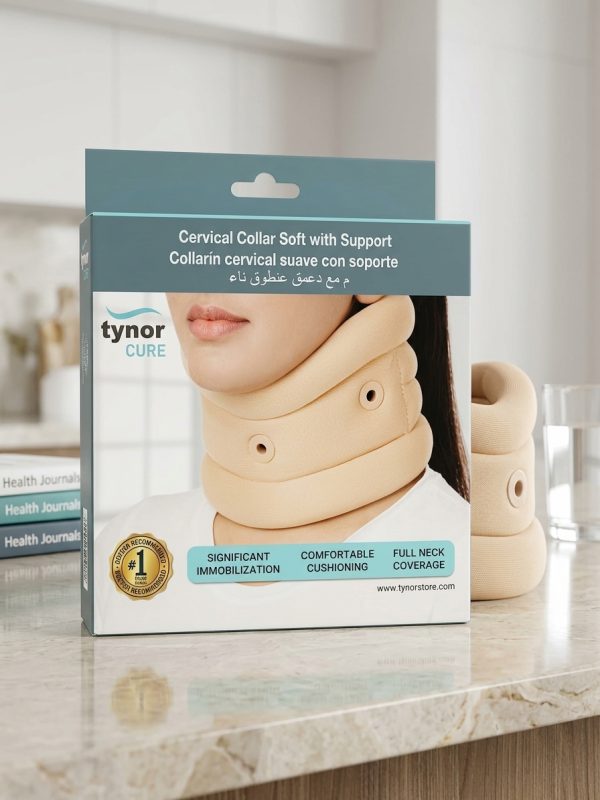 Soft cervical collar with support, designed for neck stability and comfort, featuring adjustable straps for a secure fit.