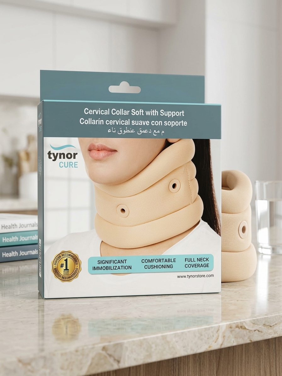 16-20 (1) Soft cervical collar with support, designed for neck stability and comfort, featuring adjustable straps for a secure fit.