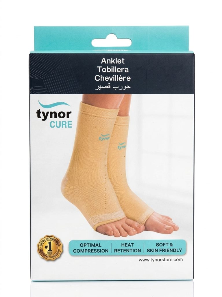 Tynor compression stockings for men and women, knee-high length, displayed with a pair of ankle support socks.