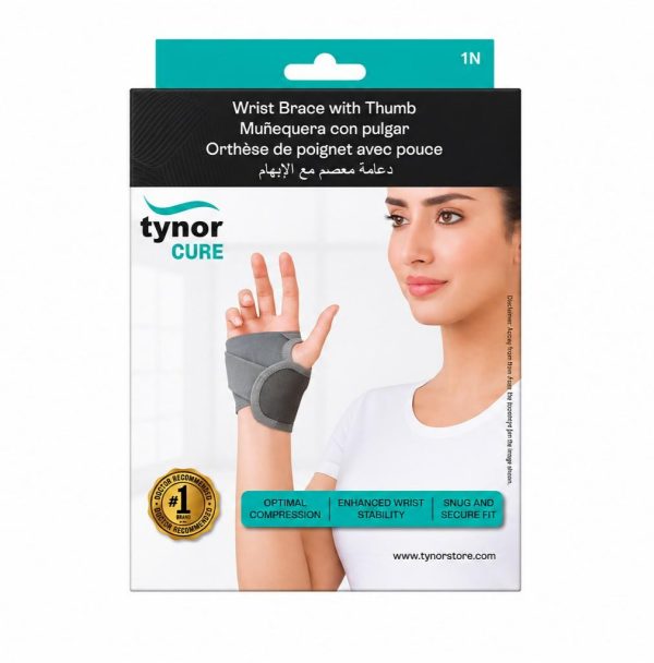Tynor Cure E 06 wrist brace with thumb support, designed for universal fit and enhanced wrist stability.