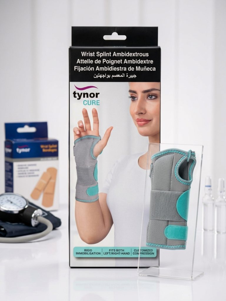 Tynor wrist and forearm splint E-03 displayed alongside a stethoscope, indicating its use in medical settings.