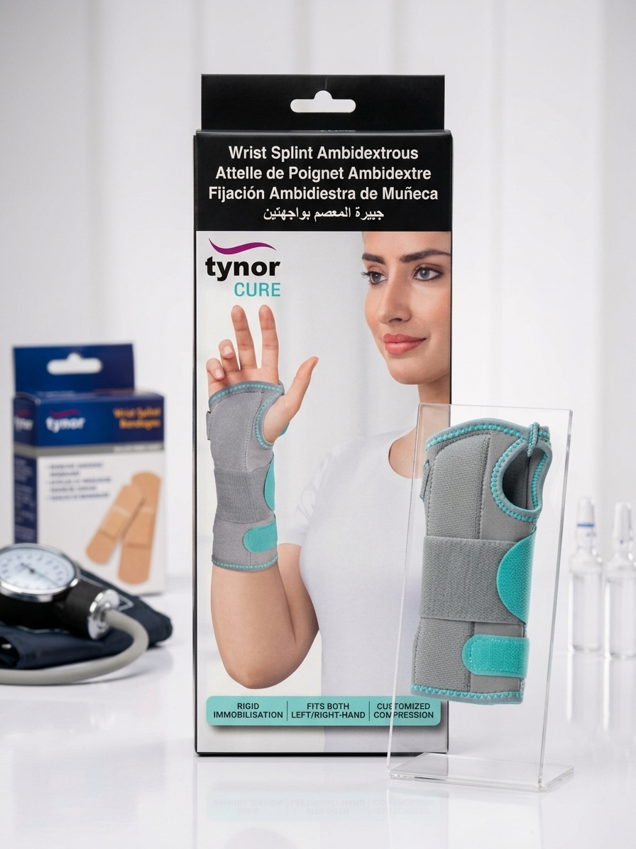 40-44 (1) Tynor wrist and forearm splint E-03 displayed alongside a stethoscope, indicating its use in medical settings.