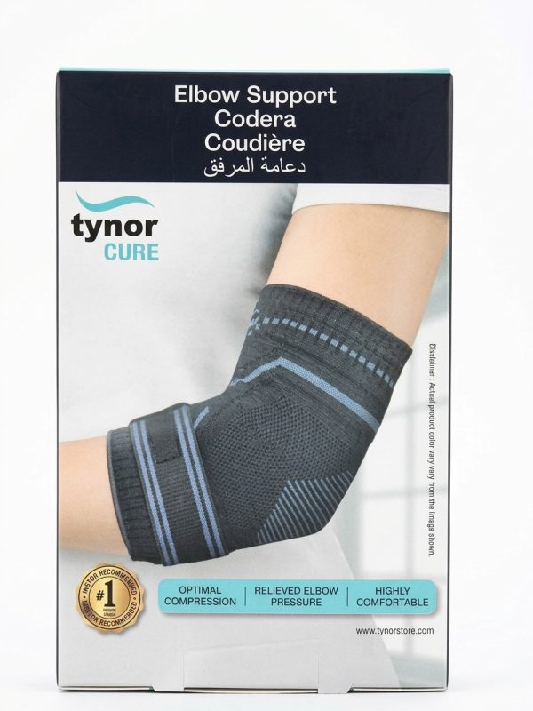 Tynor Cure Elbow Support E-11 in black and blue packaging, designed for comfort and support during elbow injuries.